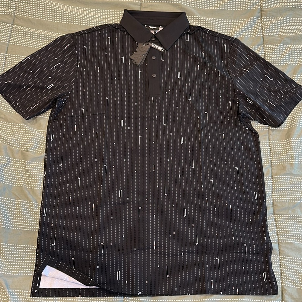 PXG Black Pinstripe Polo with Subtle Pattern